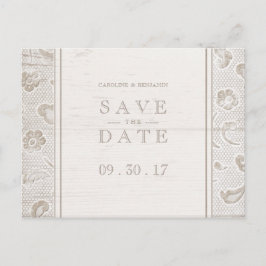 Landhochzeit aus Spitzenholz Save the Date Ankündigungspostkarte