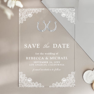 Landhochzeit Hufeisen Weiße Spitze Save the Date Acryleinladungen
