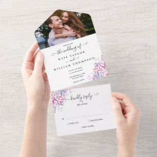 Landhochzeit mit floralem Schriftzug und Foto All In One Einladung