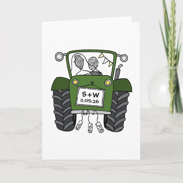 Landhochzeit mit grünem Traktor Karte (Vorderseite)