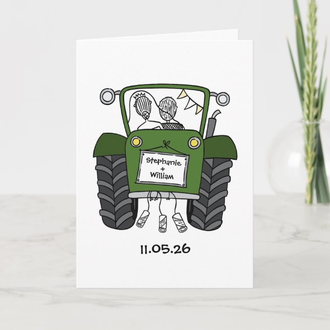 Landhochzeit mit grünem Traktor Karte (Vorderseite)