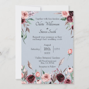 Landhochzeit mit staubblauen und burgunderroten Bl Einladung