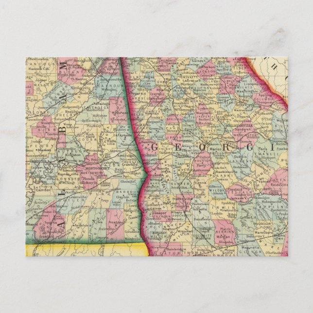 Landkreis Map Georgien und Alabama Postkarte (Vorderseite)