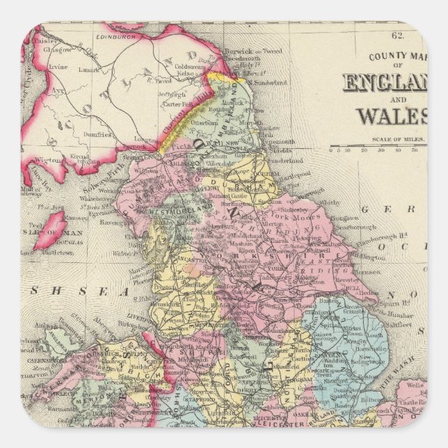 Landkreis Map of England, and Wales Quadratischer Aufkleber (Vorderseite)