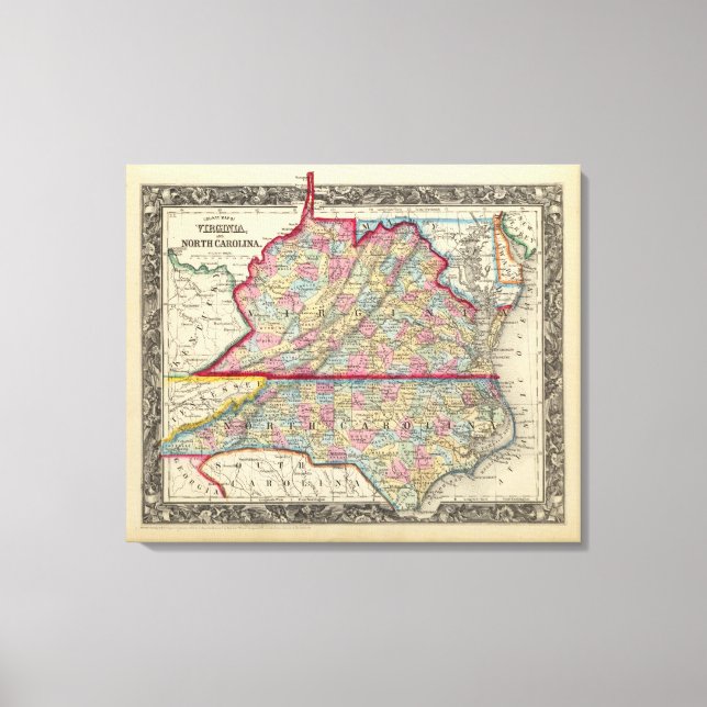 Landkreis Map of Virginia und North Carolina Leinwanddruck (Vorderseite)