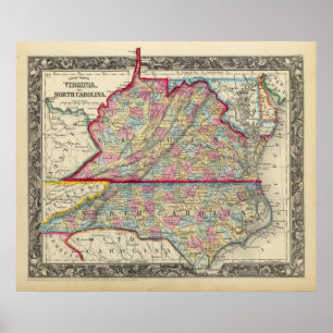 Landkreis Map of Virginia und North Carolina Poster