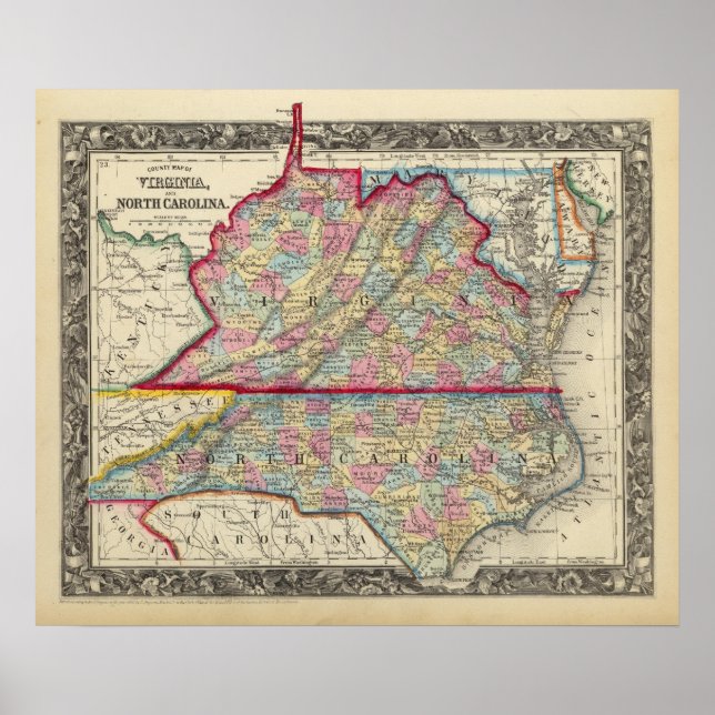 Landkreis Map of Virginia und North Carolina Poster (Vorne)