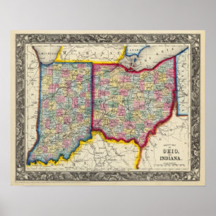 Landkreis Map von Ohio und Indiana Poster