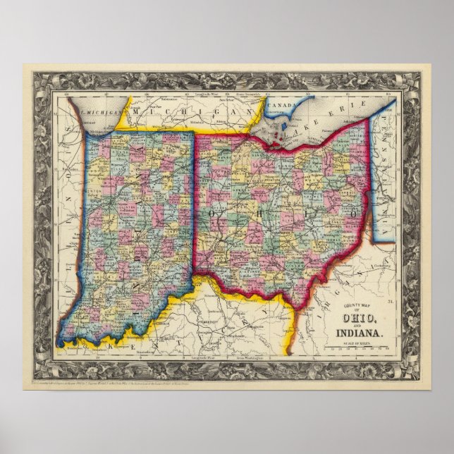 Landkreis Map von Ohio und Indiana Poster (Vorne)