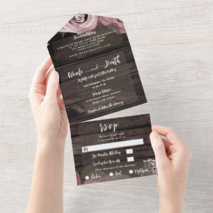 Ländlich Holz Staubige Rose Antike Spitze Hochzeit All In One Einladung