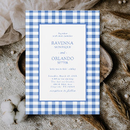 Ländlich karierte Baby-Blau-Gingham-Hochzeit Einladung