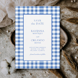 Ländlich karierte Babyblau Gingham-Hochzeit Save The Date