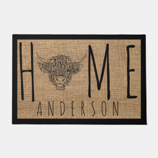 Ländlich-kühle Kuh-Faux-Burlap-Familienname Do Fußmatte