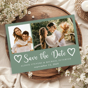 Ländlich moderne 2-Foto-Sage-Grün-Hochzeit Save The Date