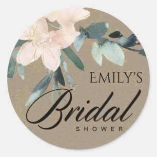 LÄNDLICH ROSIG BRAUN KRAFT BLUMEN AQUARELL BRIDAL  RUNDER AUFKLEBER