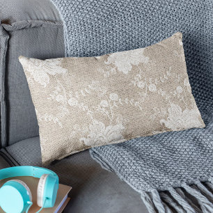 Ländlich rustikale beige Jute und weiße Spitze im  Lendenkissen