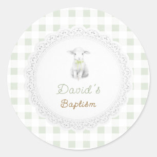 ländlich süßes Lamm Salbei Grün Gingham   Taufe  Runder Aufkleber