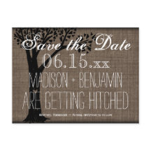 Ländliche Baum-Burlap-Save-the-Date-Postkarten im 