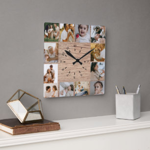 Ländliche benutzerdefinierte Fotocollage Familie Quadratische Wanduhr