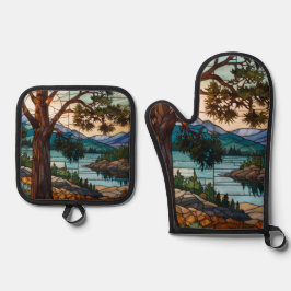 Ländliche Berglandschaft Buntglas  Ofenhandschuh & Topflappen-Set