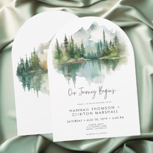 Ländliche Bergsee-Szene Aquarell-Bogen-Hochzeit Einladung