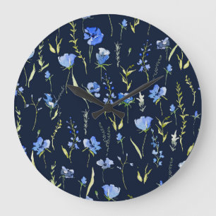 Ländliche blaue Blumen: Botanische Illustration. Große Wanduhr