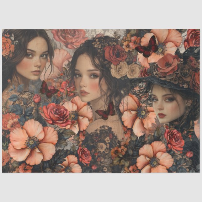 Ländliche Blumen Mädchen Fantasy Art Collage Decou Seidenpapier (Vorderseite)