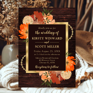 Ländliche Blumenhochzeit mit Holz und Orange im He Einladung