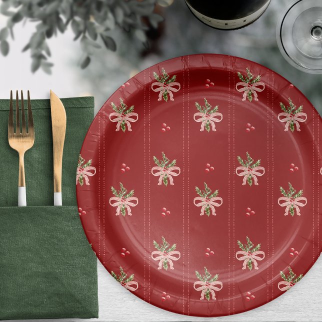 Ländliche botanische Feiertage Pappteller (Rustic Red Botanical Bows Christmas Paper Plates | Holiday Table Décor by Painted Paperie)