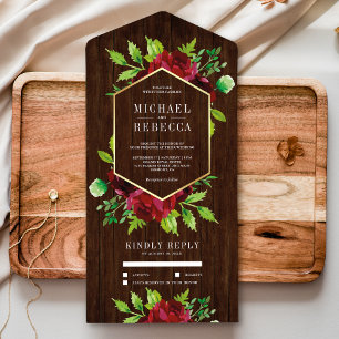 Ländliche Burgunder Blumen Gold Scheunen Holz Hoch All In One Einladung