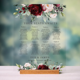 Ländliche Burgunder-Rosa-Blumen-Hochzeitssitzordnu Acrylschild