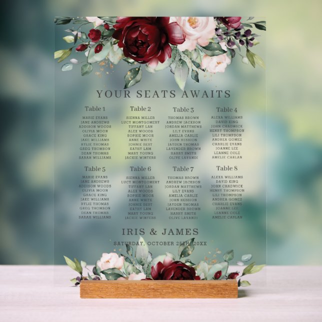 Ländliche Burgunder-Rosa-Blumen-Hochzeitssitzordnu Acrylschild (Neutral)