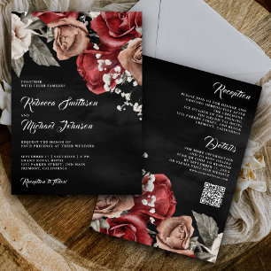 Ländliche Burgunderrosen QR-Code Schwarze Hochzeit Einladung