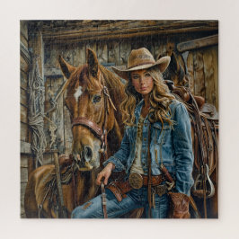 Ländliche Cowgirl in Jeans mit Pferd Westernscheun Puzzle