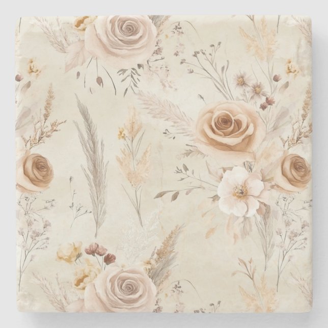 Ländliche Creme Boho Blumen Steinuntersetzer (Vorderseite)