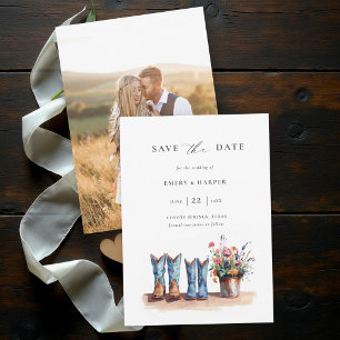 Ländliche Denim-Wildblumen-Foto-Rustical-Hochzeit Save The Date