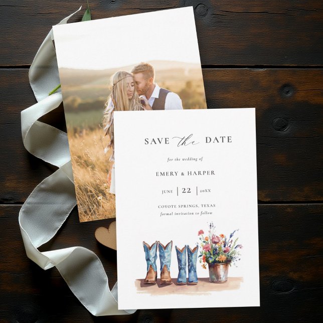 Ländliche Denim-Wildblumen-Foto-Rustical-Hochzeit Save The Date (rustic photo wedding save the date cowboy boots wildflowers barn country outdoor backyard modern)