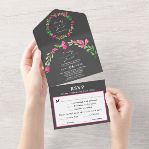 Ländliche dunkelgraue rosa florale Hochzeit-RSVP All In One Einladung