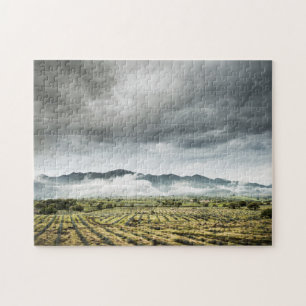 Ländliche Ernte-Felder unter bewölktem Himmel Puzzle