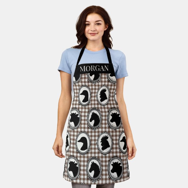 Ländliche Farmküche Barnyard Gingham Schwarz & Moc Schürze (Getragen)