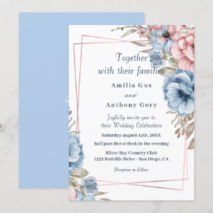 ländliche Floralblaue und rosa Hochzeitseinladung Einladung
