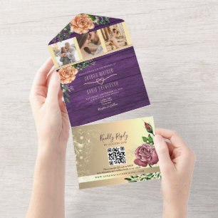 Ländliche Florale Lila Hochzeit All In One Einladung