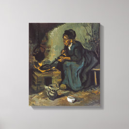 Ländliche Frau, die durch einen Kamin kocht Leinwanddruck