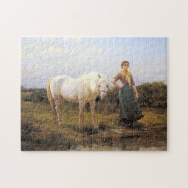 Ländliche Frau, die ein weißes Pferd zum Wasser ni Puzzle