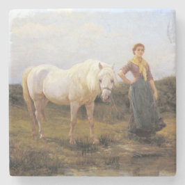 Ländliche Frau, die ein weißes Pferd zum Wasser ni Steinuntersetzer