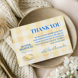Ländliche gelbe Gingham-Jungen-Babyparty Dankeskarte