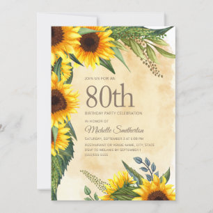 Ländliche gelbe Sonnenblumen zum 80. Geburtstag Einladung