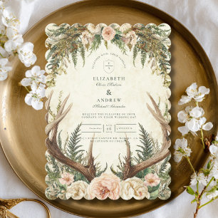 Ländliche Geweih-Wald-Blumenhochzeit Einladung