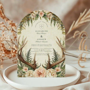 Ländliche Geweih-Wald-Blumenhochzeit Einladung