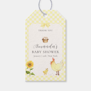 Ländliche Gingham-Sonnenblumen-Hühnchen-Baby-Party Geschenkanhänger